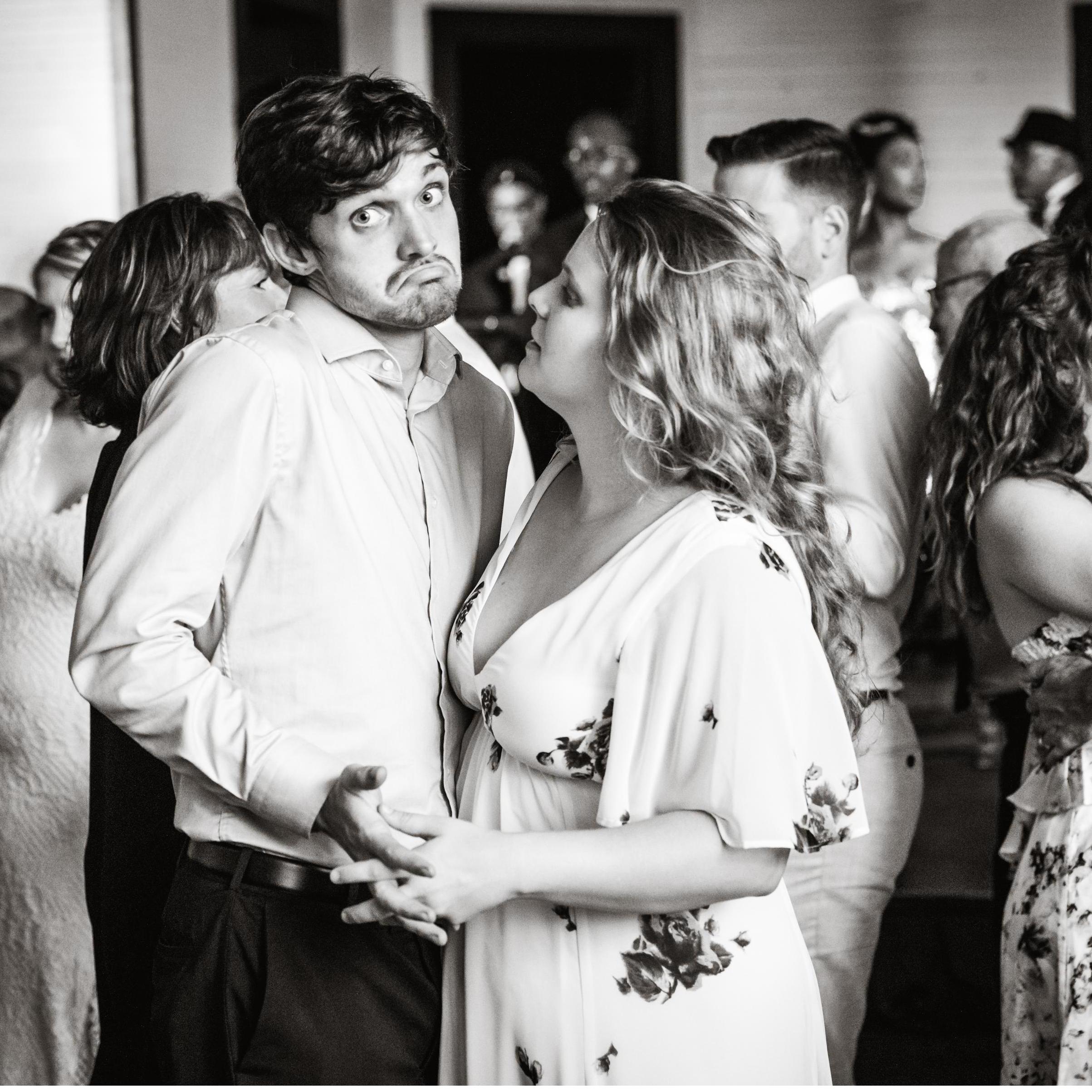 Dancing and making faces at Bradley's wedding