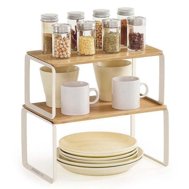 SONGMICS HOME Cabinet Organizer Shelf, Set of 2 Kitchen Counter Shelves, Kitchen Storage, Spice Rack, Stackable, Expandable, Metal and Bamboo, Natural Beige UKCS050N01V1