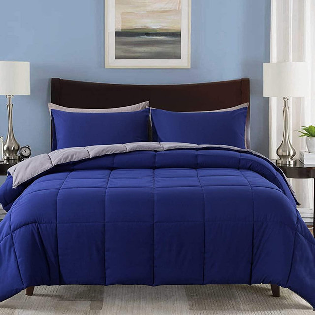 Decroom Lightweight Queen Comforter Set with 2 Pillow Sham - 3 Pieces Set - Quilted Down Alternative Comforter/Duvet Insert for All Season - Blue/Grey - Queen Size