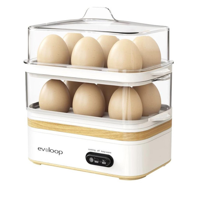 Evoloop Rapid Egg Cooker Electric 12 Eggs Capacity, Soft, Medium, Hard Boiled, Poached, Omelet Maker Egg Poacher & Vegetable Steamer, BPA Free Tray（white）