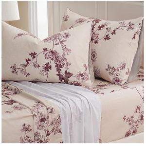 Zusbest Queen Sheet Set 100% Percale Cotton Red Floral Bed Sheet Set, Brushed for Extra Softness, Luxury Toile Flannel Like Sheets Shabby Vintage Flower Print Deep Pocket Sheets 17.5'' 4 Pcs