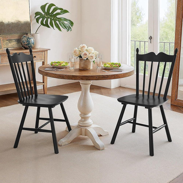 LUE BONA Black Dining Chairs Set of 2, Windsor Wooden Dining Chair with Thickened Backrest, Morden and Mid Century Kitchen Chairs for Dining Room Farmhouse, Weight Capacity 350 lbs