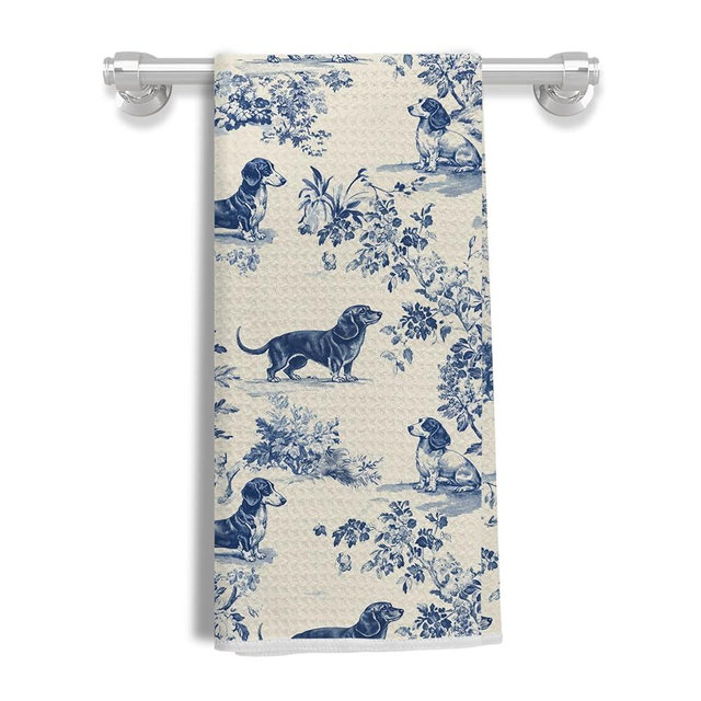 EKGJW Chinoiserie Dachshund Kitchen Towels,Weiner Dog Gifts for Women Lovers,Hand Towels for Bathroom,Dog Dish & Tea Towels for Kitchen Decor,16x24 Inch