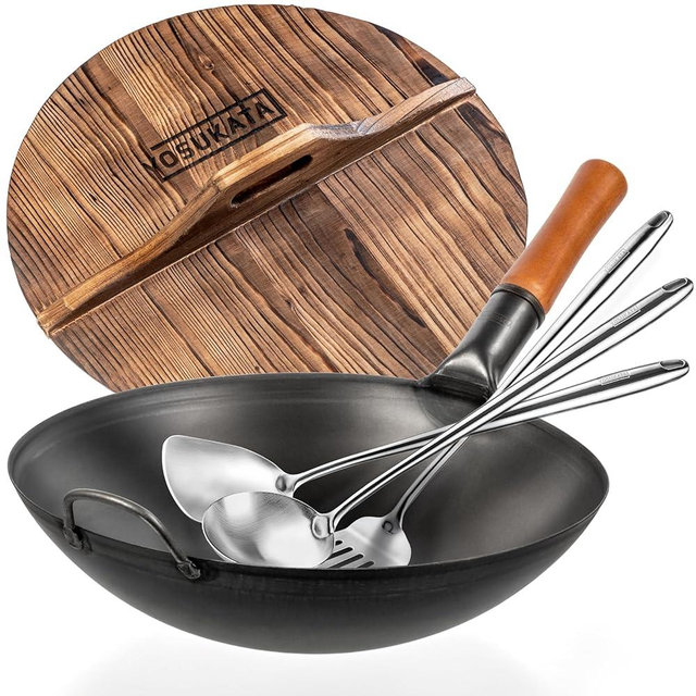 YOSUKATA Carbon Steel Wok Pan Round Bottom 14 in + Wooden Wok Lid 14 in with Ergonomic Handle + 17" Spatula and Ladle and Turner