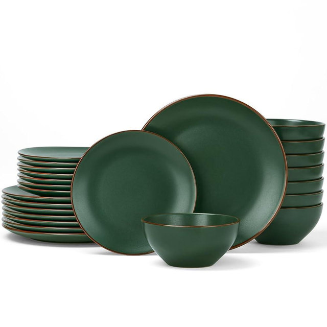 Famiware Venus Plates and Bowls Sets, Speckled Ceramic Dinnerware Dish Sets for 8 (24 Pieces) - Microwave and Dishwasher Safe, Dark Green