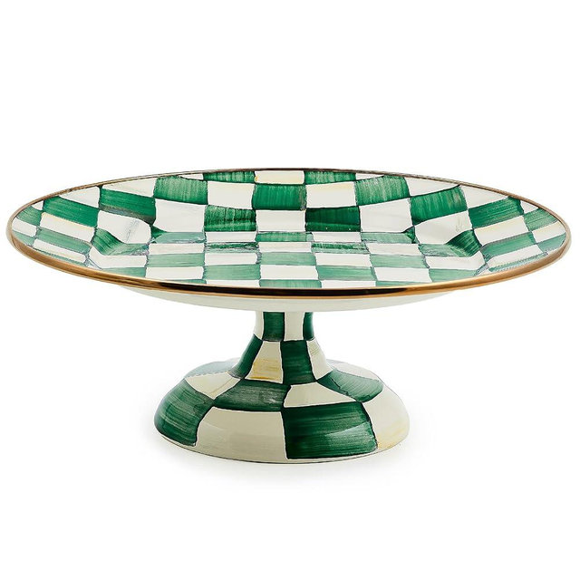 MACKENZIE-CHILDS Enamel Pedestal Platter, Round Cake Stand, Small, Green-and-White Emerald Check