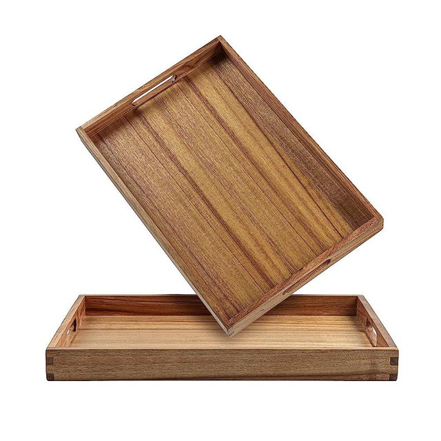 KITEISCAT Acacia Wood Serving Tray with Handles (Set of 2)- 17-Inch Decorative Wooden Tray - Perfect for Breakfast, Lunch, Dinner, Ottoman, Coffee Table - Durable Living Room and Couch Tray