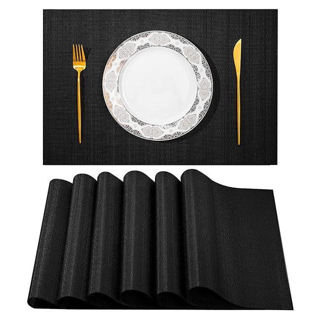 Vinyl Placemats Set of 6 - Easy Clean Modern Durable Washable Vinyl Place Mats - Heat Resistant Non Slip Placemats for Kitchen Table - PVC Table Mats for Dining Table (Black)