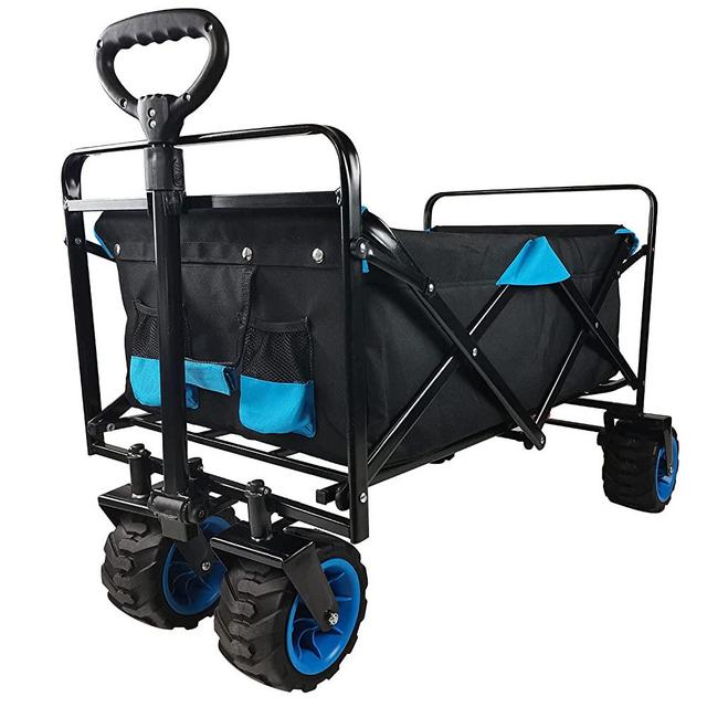 Collapsible Heavy Duty Folding Wagon Cart Utility Wagon All Terrain Beach Wheels Adjustable Handle Large Capacity Rolling Buggies Outdoor Garden cart for Beach Camping Shopping Sports (Black & Blue)