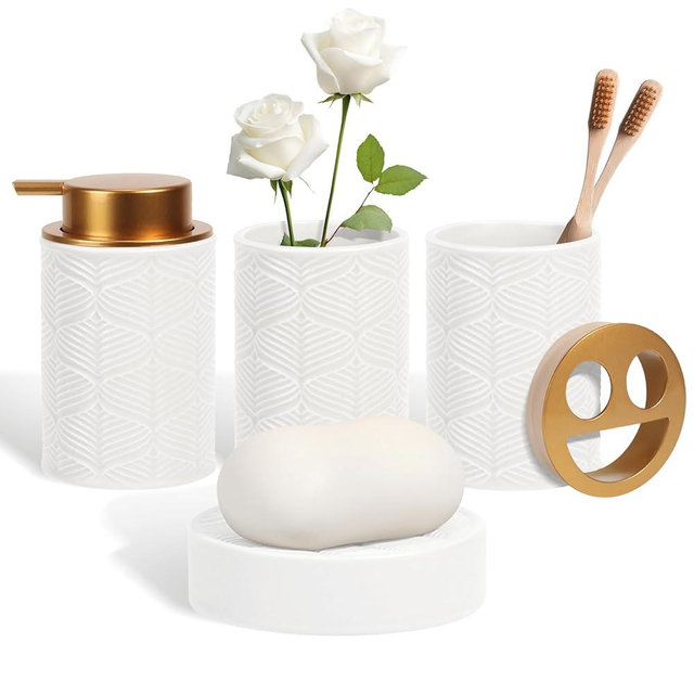 Kukikan Ceramic Bathroom Accessories Set, 4 Pcs-Includes Lotion Soap Dispenser, Toothbrush Holder, Vanity Tray, and Tumbler, Modern Bathroom Decor Organizer with Soap Dish, Apothecary Jar, White Color