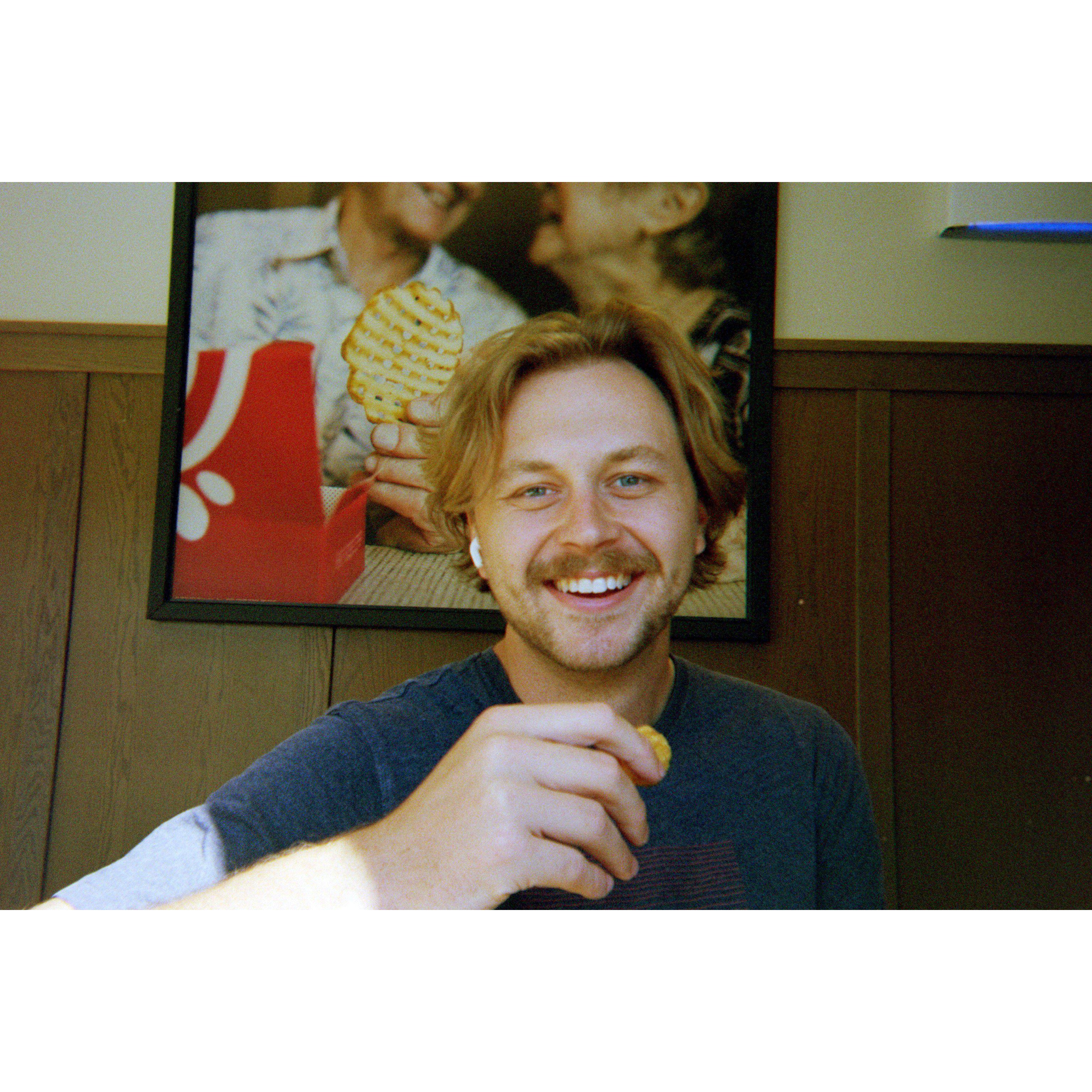 We went to Chick-fil-A after the engagement to call our family and friends. We someday hope to be the old couple in that photo.