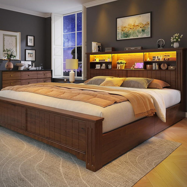 EnHomee King Size Bed Frame and Headboard, King Bed Frame with 4 Drawers USB & LED, Farmhouse Bed Built in Charging Station,No Box Spring Needed,NO Noise,Vintage Brown