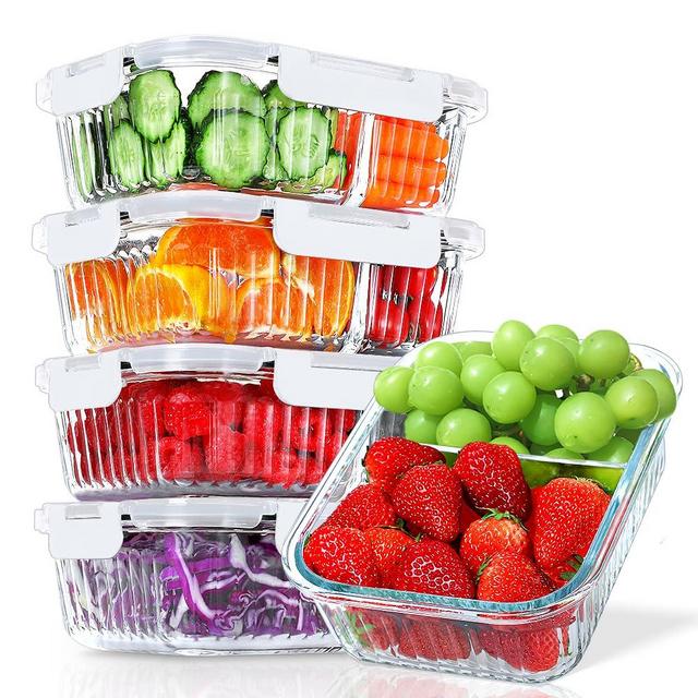 KOMUEE 5 Packs 36 Oz Glass Meal Prep Containers 2 Compartments, Airtight Glass Lunch Bento Box with Lids, Glass Food Storage Containers, BPA Free, Microwave, Freezer and Dishwasher Friendly, White