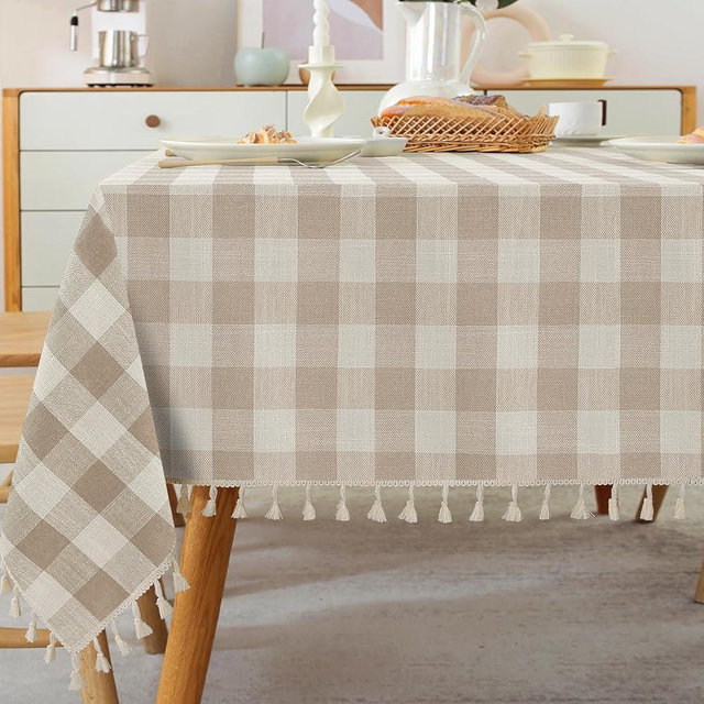 Alsoo Checkered Tablecloth Square Cotton Linen Fabric Gingham Table Cloth Buffalo Plaid Table Cover with Tassel Wrinkle Free Washable for Kitchen Dining Picnic, Beige and Cream, 55X55''