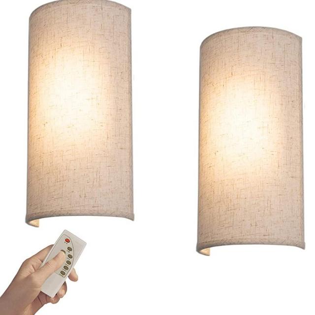 Kiven Wireless Battery Operated Wall Sconce with Remote, 11.8 Inches Height Fabric Wall Lamp with 3 Lighting Modes, Dimmable Display Lamp with Timer for Bedroom Bathroom Hallway,Magic Lights,2 Pack