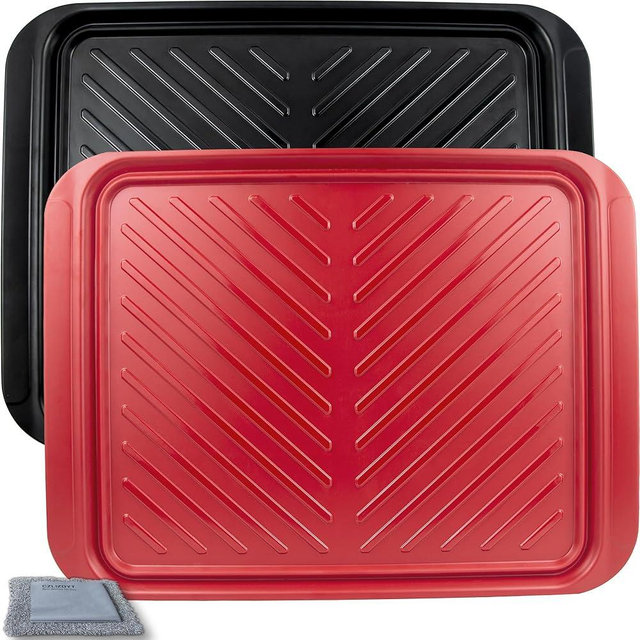 Czlizdyt Large Grilling Prep and Serve Trays, BBQ Platter for Raw and Cooked Food, Melamine Serving Trays for Food, Set of 2, Black and Red, Napkin and Cleaning Clothes Included