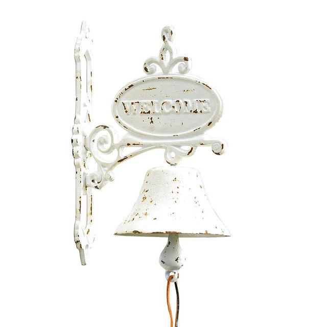 Sungmor Cast Iron Dinner Bell Rustic White Wall Hanging Bell Welcome Sign, Vintage Style Farmhouse Outside Door Bell, Decorative Manually Shaking Doorbell, Indoor Outdoor Wall Mounted Dinner Bell