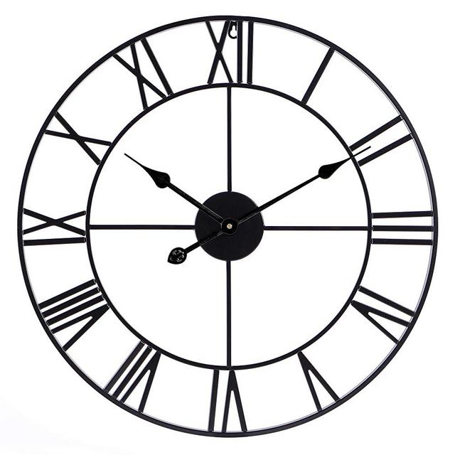 Infinity Time Metal Round Shaped Oversized Antique Industrial Iron Skeleton Roman Numerals Silent Non Ticking Home Decor Wall Clock-24inch,Classic Matt Black