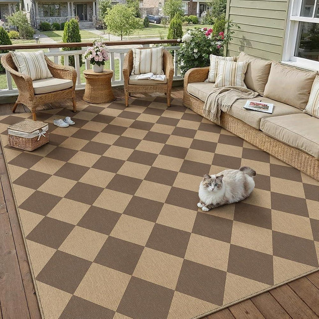 PureCozy 5x7 Checkered Easy Jute Area Rug for Living Room Checkerboard Washable Indoor Outdoor Carpet Farmhouse Patio Office Mat Geometric Non Slip Brown Carpet for Backyard Dining Room