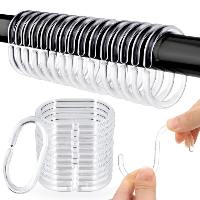 RAINFLOW 36 PCS Plastic Shower Curtain Rings- Clear Shower Curtain Hooks,C-Shaped Shower Rings Hook for Shower Curtain，Shower Curtain Hooks for Bathroom Shower Curtain Rod