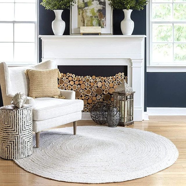 Fernish Decor Handwoven Jute Area Rug- Natural Yarn- Rustic Vintage Braided Reversible Rug- Eco Friendly (Off-White_Round, 4 ft)