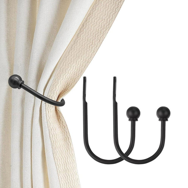 ARNORX Curtain Holdbacks, Hooks, 2 PCS，Solid Steel Hooks, Decorative French Ball End, Curtain Drapery Holdbacks, Wall Mounted, Curtain Tiebacks, Matte Black