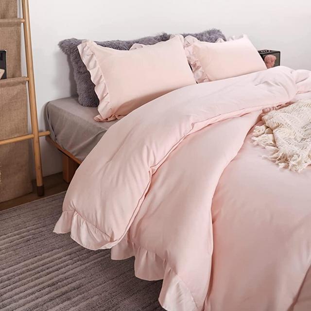 JANZAA Pink Comforter Set Queen Comforter Set 3PCS（1 Ruffled Blush Comforter Set and 2 Pillowcases） Vintage Shabby Chic Bedding Soft Fluffy Comforter Set All Season