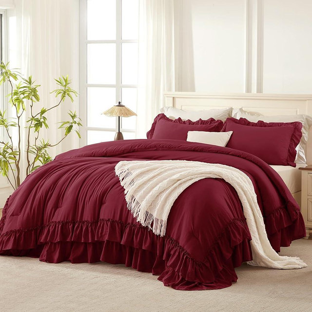 Andency Burgundy Comforter Set Oversized Queen, Lightweight Farmhouse Ruffle Bedding Set 98x98Inch, Soft Shabby Chic Bed Set for All Season 3 Pieces (1 Comforter 2 Pillowcases)