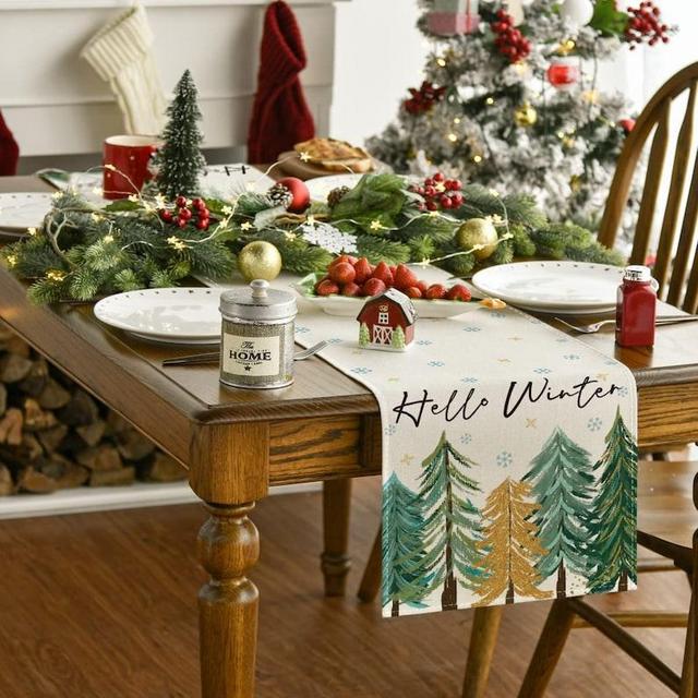 Watercolor Trees Hello Winter Table Runner 13 x 72, Table Runner, Holiday Farmhouse Winter Table Decor