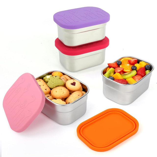 4 Pack Stainless Steel Snack Containers with Lids Set, 10oz Rectangular Easy Open Leakproof Reusable Snack Box Container for Lunch, Small Lunch Food Containers for Meal Prep, Salad Dressing To Go