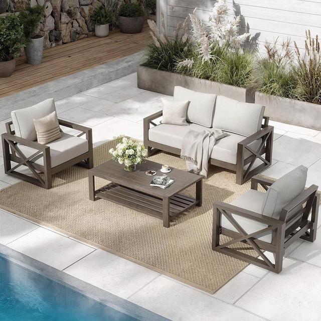 UDPATIO 4 Piece Faux Wood Aluminum Patio Furniture Set Modern Patio Conversation Set with Coffee Table for Balcony, Backyard, Deck, 600D Waterproof Furniture Cover Included, Light Grey