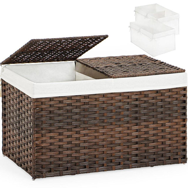 SETVSON Storage Basket with Lid Woven Storage Basket with 2 Separate Lid, 17.2 Gallon (65 L) Rattan Storage Basket Woven Storage Basket with Lid and Handles for Bedroom, Laundry Room Brown