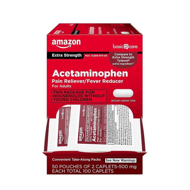 Amazon Basic Care - Extra Strength Acetaminophen Caplet 500 mg, 100 Count ( 50 pouches of 2 caplets )