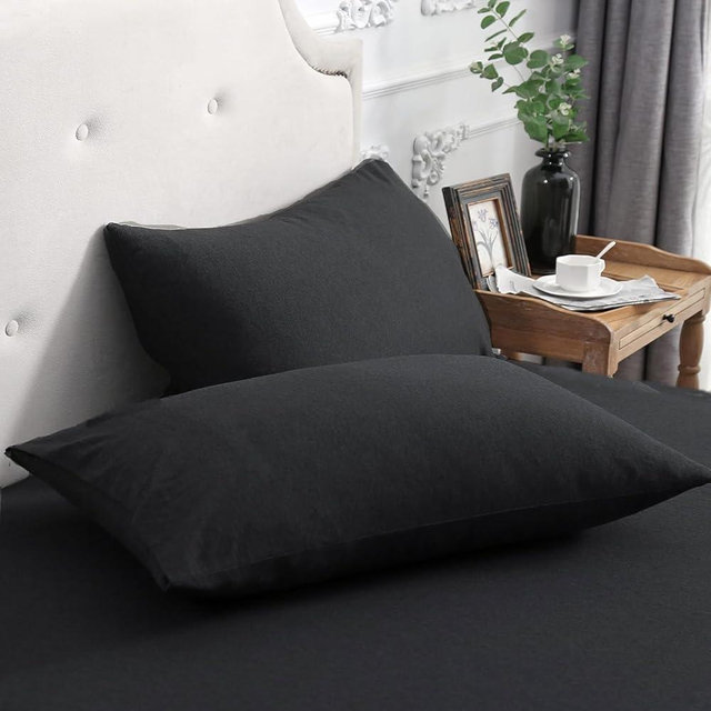 PURE ERA Jersey Knit Pillowcases 100% T-Shirt Cotton Super Soft Comfy Breathable, Set of 2, King 20" x 36", Solid Black