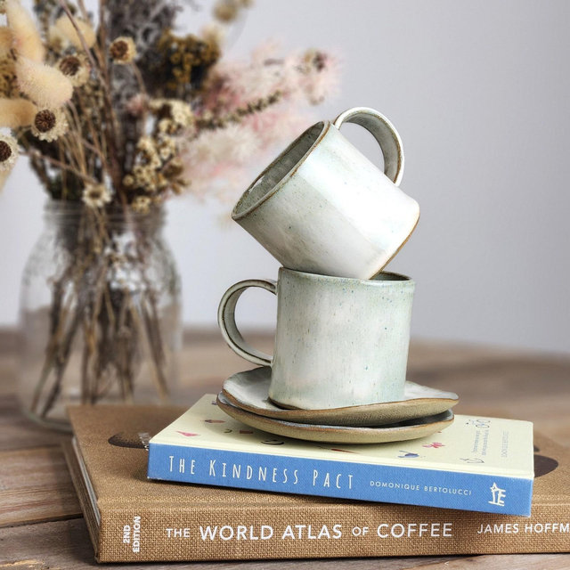 Set of 4 Frost White Handmade Stoneware Ceramic Mugs with Saucer - Piccolo, Lungo, Tea and More