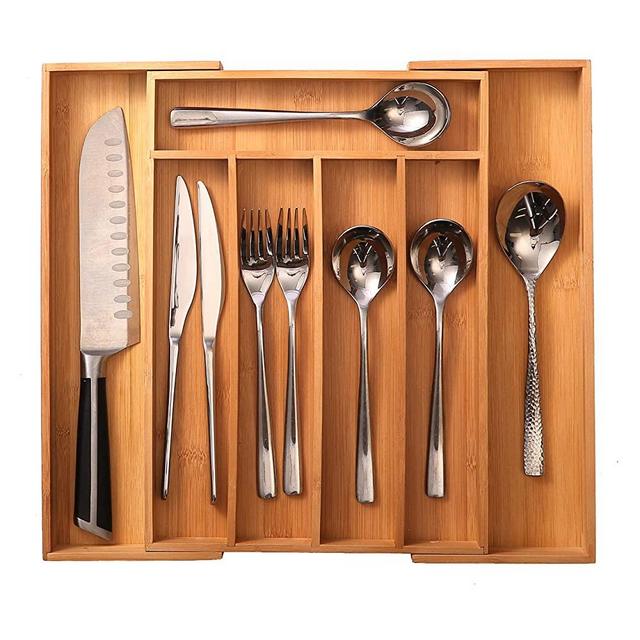 oridom Bamboo Expandable Drawer Organizer-Expandable Silverware Organizer/Utensil Holder and Cutlery Tray with Grooved Drawer Dividers for Flatware and Kitchen Utensils