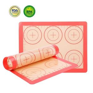 Silicone Baking Mat Set - 2 Pack Non-Stick Silicon Liner for Bake Pans & Rolling with Measurements, Heat Resistant Cookie Sheets for Macaroon/Pastry/Cookie (12" x 9", Red)