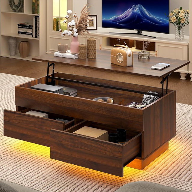 HOMMPA Lift Top Coffee Table with LED Light Morden Coffee Table with Storage High Gloss Walnut Coffee Table for Living Room Tea Table with Storage Center Tables Hidden Compartment & 2 Drawers