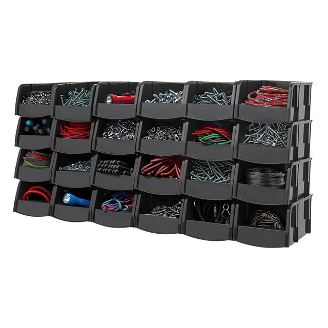 IRIS USA Extra Small Stackable Storage Bins, 24-Pack, 5.5 x 4.5 x 3 inch, |Made in USA|, Plastic Open Front Shelf Bin for Organizing Parts, Hardware, Tools, Supplies, Garage Shelf, Pantry - Black