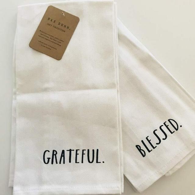 Blessed/Grateful Rae Dunn Farmhouse Black and White Large Letter Kitchen Dish Hand Towels Set of Two 100% Cotton