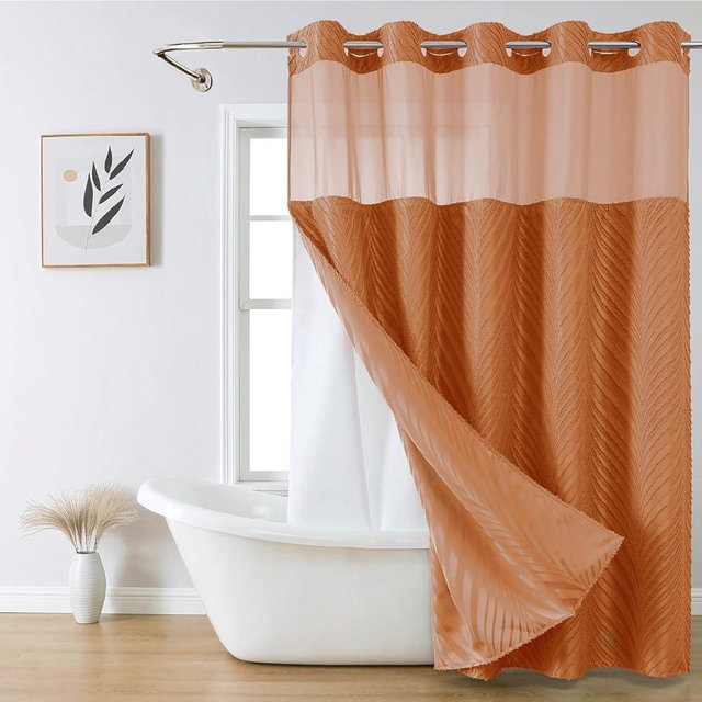 eachope no Hook Shower Curtain and Liner Set，Boho Style with See Through Top Window, BurntOrange Fabric Tufted Striped Textured Outer Curtain & Waterproof Inner Liner, Orange, 71Wx86H