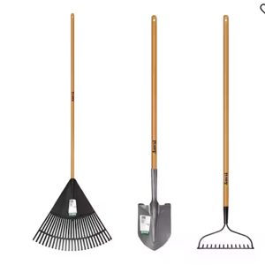 3-Piece Wood Handle Garden Essentials Tool Set (Poly Leaf Rake, Digging Shovel and Bow Rake) Questio