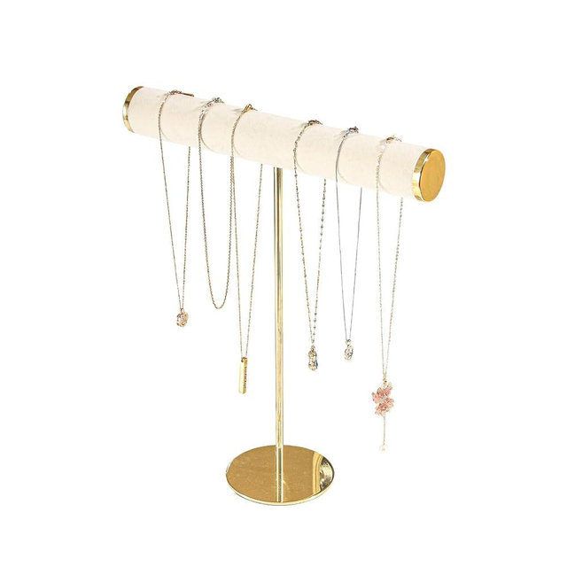 Pengup T-bar Necklace Holder Organizer,Jewelry Chains Bracelet Display Stand for Selling,Jewelry Tree Rack Hanger Organizer for Girls,Golder+Biege White