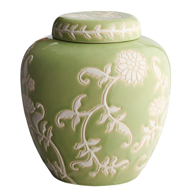 Floral Green Ceramic Urn, 9.4”