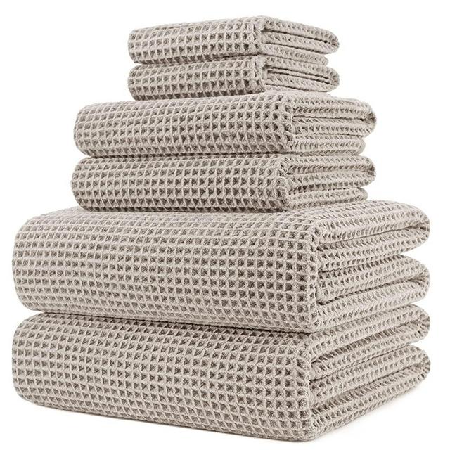 Polyte Oversize, 60 x 30 in., Quick Dry Lint Free Microfiber Bath Towel Set, 6 Piece (Beige, Waffle Weave)