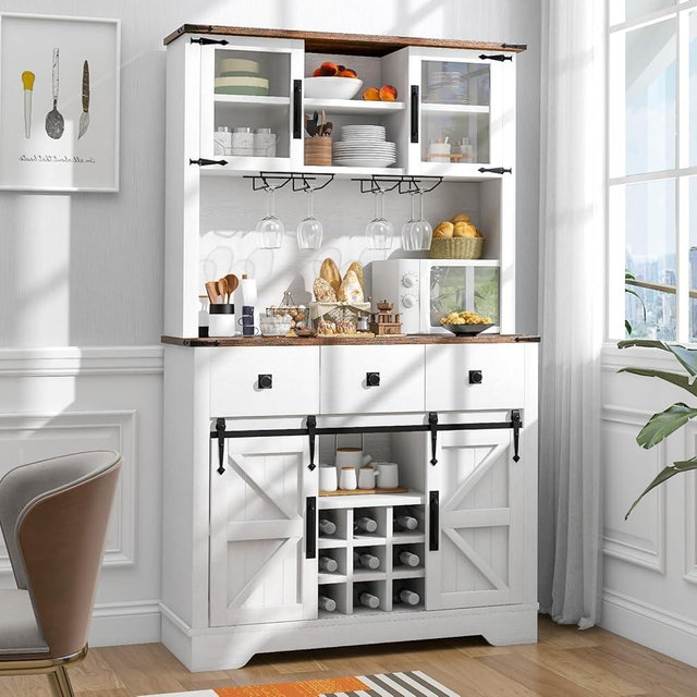 oneinmil Farmhouse Coffee Bar Cabinet with Storage, 72'' Tall Bar Cabinet with 3 Drawers, Wine Bar Cabinet with Sliding Barn Doors, Pantry for Kitchen, Set of Cabinet, White