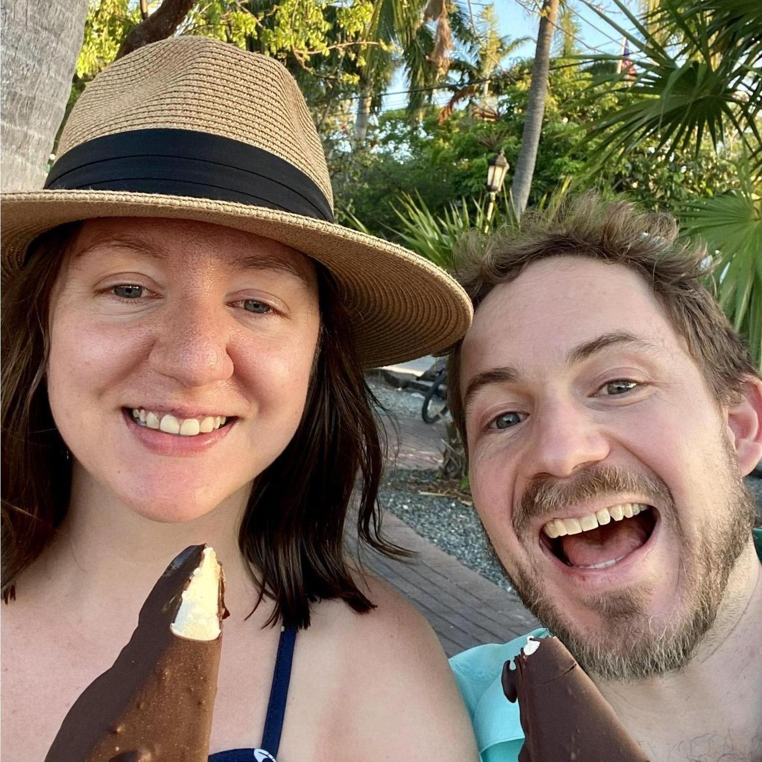 Eating frozen chocolate covered Key Lime pie on a stick in Key West