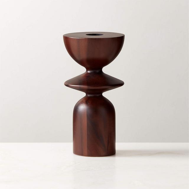 Spinet Round Acacia Wood Taper Candle Holder Small