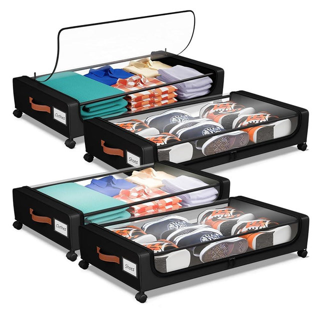 Futego Under Bed Storage with Wheels, UnderBed Storage Containers with Clear Lid and Handles, XXL 60L Under the Bed Storage Bins Drawers for Clothes,Blankets,Shoes,Books (BLACK, 4 PACK)