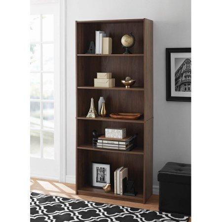 Mainstays 5-Shelf Wood Bookcase - WALNUT
